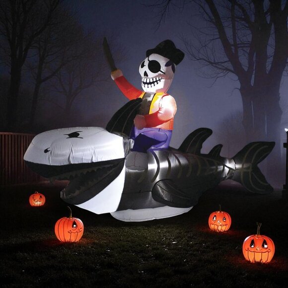 HUGE 8 FT Pirate Riding Skeleton Shark LED Inflatable Halloween Yard Prop NEW - Picture 2 of 7